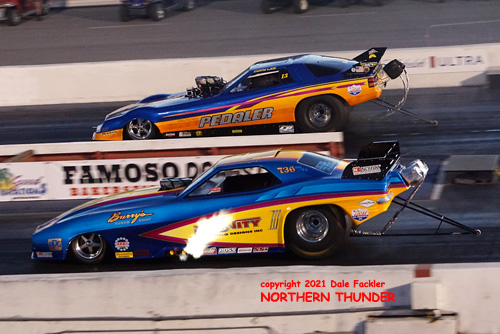 Dan Horan Jr. - AA/FC - #736 - 'Infinity Plumbing' 
(near lane) vs Cory Lee - AA/FC - #13 - 'The Pedaler' (far lane)